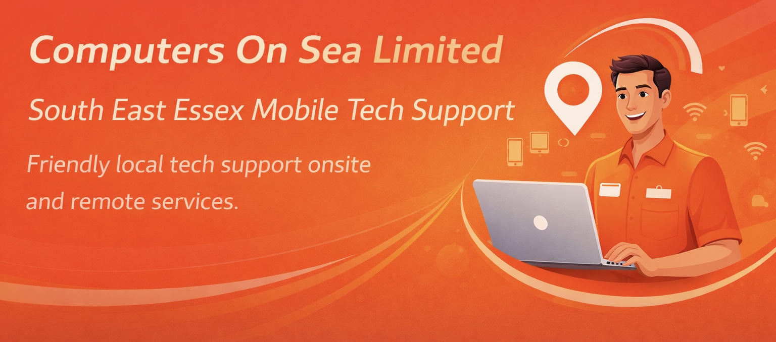 Orange background graphic computers on sea limited tech support guy on a laptop